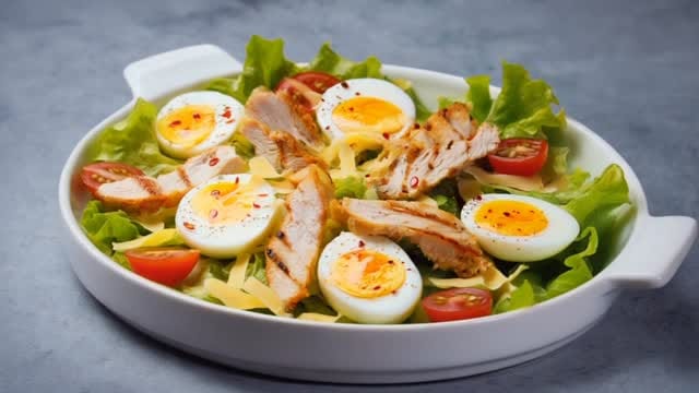 Proteinska salata: komadi piletine, kuvana jaja, zelena salata i čeri paradajz u bijeloj posudi.